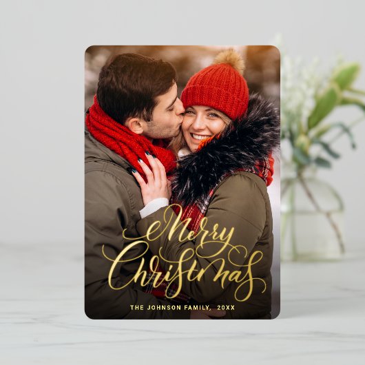 輝くメリークリスマスフォトGREETING金ゴールド 箔シーズンカード (立ち正面)