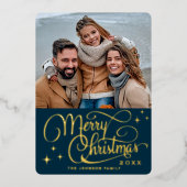 輝くモダンクリスマス写真あいさつ金ゴールド 箔シーズンカード (正面)