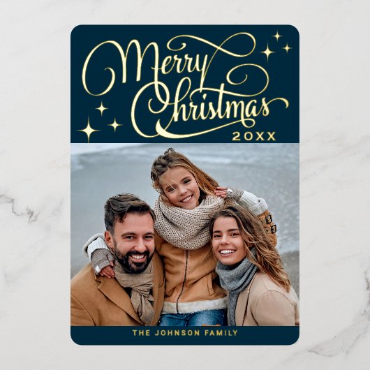 輝くモダンクリスマス写真あいさつ金ゴールド 箔シーズンカード (正面)