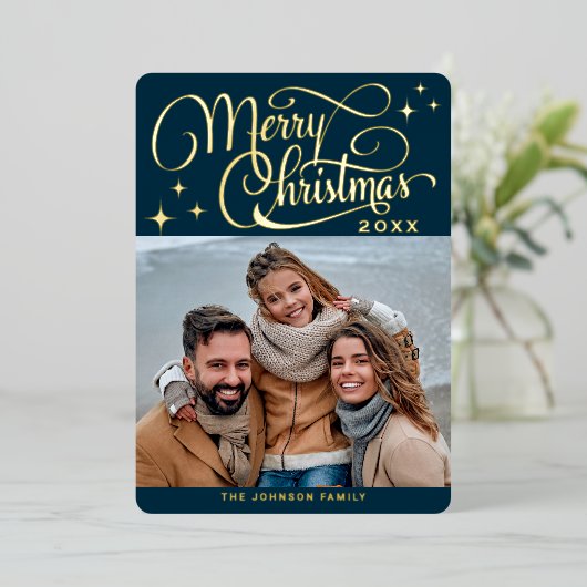 輝くモダンクリスマス写真あいさつ金ゴールド 箔シーズンカード (立ち正面)