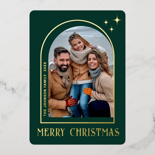 輝くモダンクリスマス写真あいさつ金ゴールド 箔シーズンカード (正面)