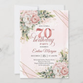 輝くライトピンクの花咲く70歳の誕生日 招待状 (正面)