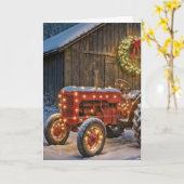 輝くリースのクリスマス赤農場トラクター カード (黄色い花)