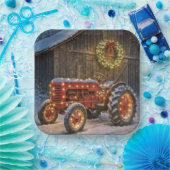 輝くリースのクリスマス赤農場トラクター ペーパープレート (パーティー)
