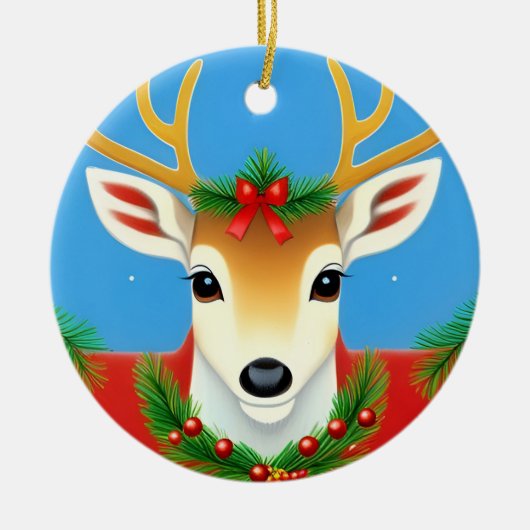 🎄輝くリースのトナカイ ❄️ ホリデー セラミックオーナメント (正面)