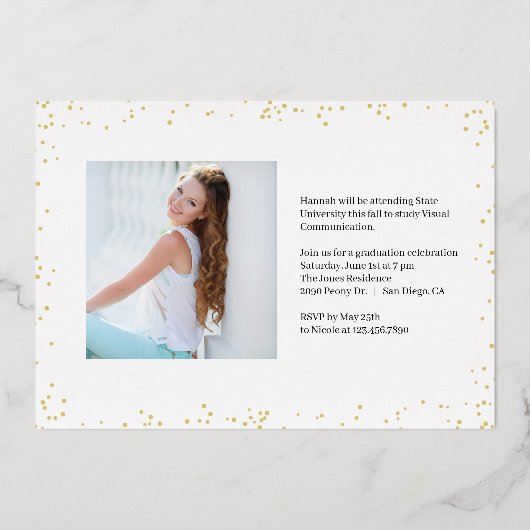 輝く喜びのホイル卒業風景の写真 箔招待状 (裏面)