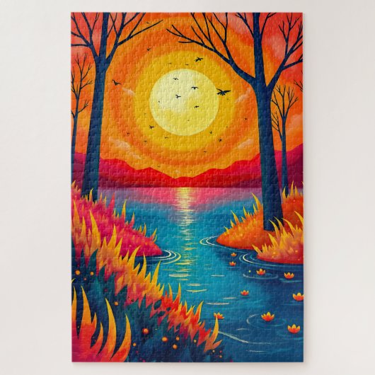 輝く夕日の川 鮮やかな自然の絵画 ジグソーパズル (縦)