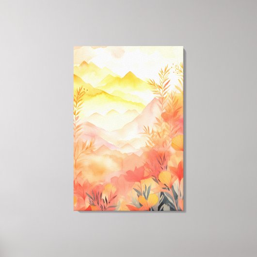 輝く始まり：日の出、山、花 キャンバスプリント (正面)