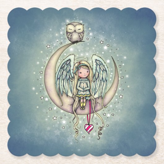 輝く小さな天使とフクロウのイラスト ペーパーコースター (正面)