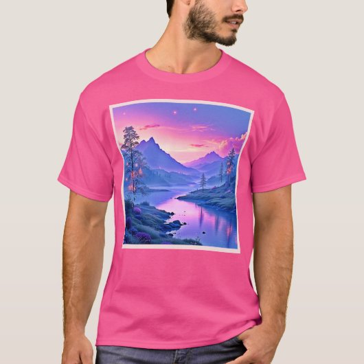 輝く山の湖のデザイン Tシャツ (正面)