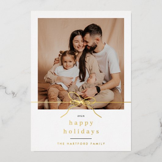 輝く幸せな休日ミニマル弓クリスマスフォト 箔シーズンカード (正面)