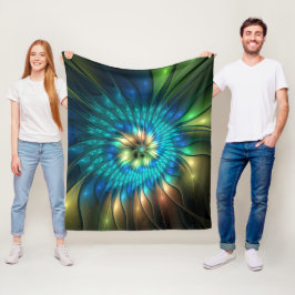 輝く幻想の花、カラフルな抽象フラクタル フリースブランケット