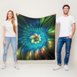 輝く幻想の花、カラフルな抽象フラクタル フリースブランケット