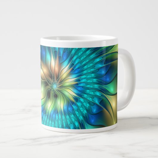 輝く幻想の花 カラフルな抽象的フラクタル ジャンボコーヒーマグカップ (正面右)
