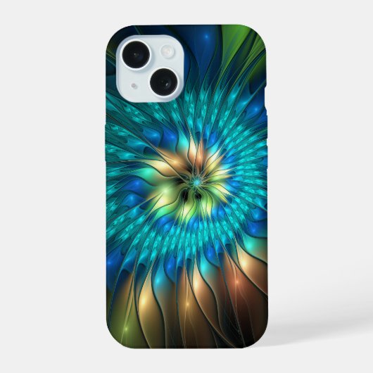 輝く幻想の花、カラフルな抽象的フラクタル iPhone 15ケース (裏面)