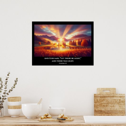 輝く日の出の下の黄金の十字架 ポスター (キッチン)