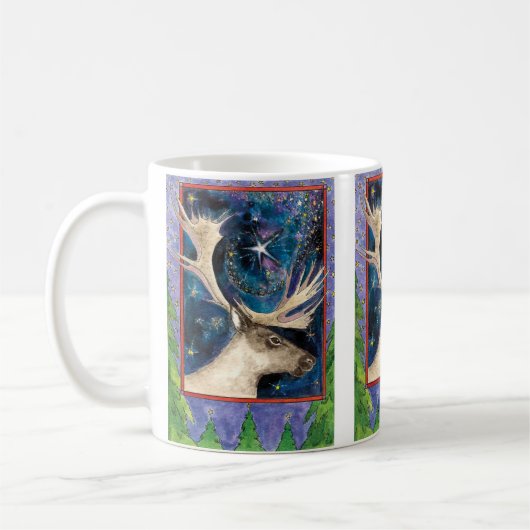 輝く星と共に夜のトナカイ コーヒーマグカップ (左)