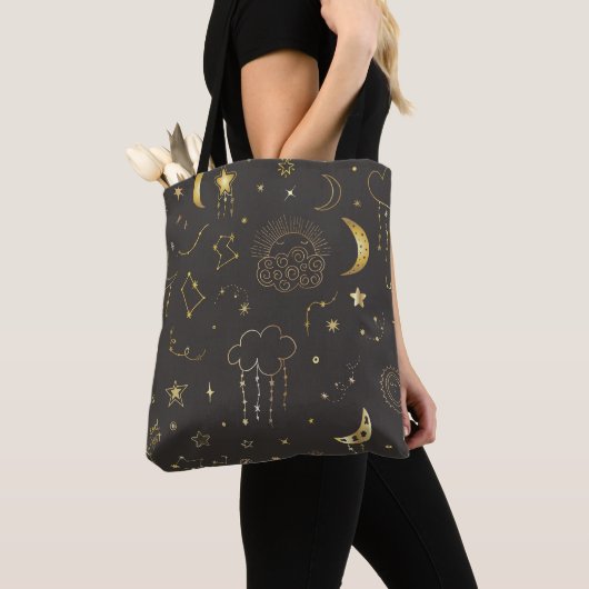 輝く星と月と星座 トートバッグ (クローズアップ)