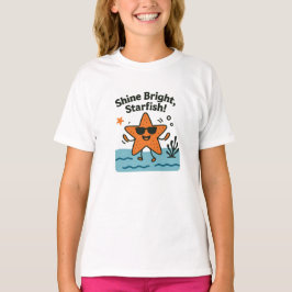 輝く星の形をしたヒトデ オレンジ色のかわいいビーチデザイン Tシャツ