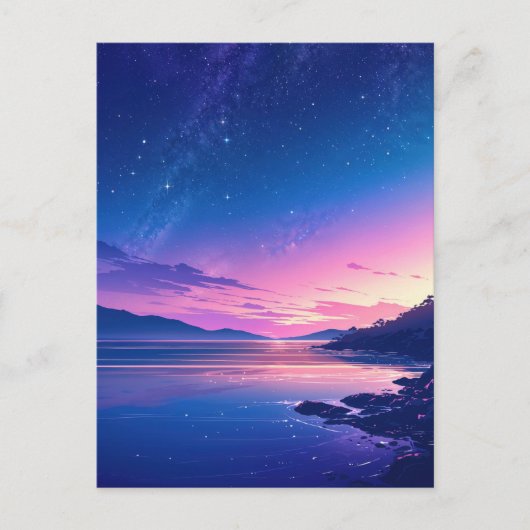 輝く星空の海岸の夕焼け ポストカード (正面)