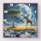 輝く月の下を優雅に歩くキリン スクエア壁時計 (正面)