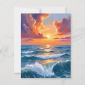 輝く海の夕日 海の水彩画カード (正面)