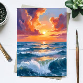 輝く海の夕日 海の水彩画カード