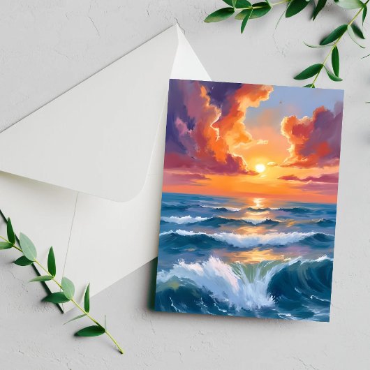 輝く海の夕日 海の水彩画カード