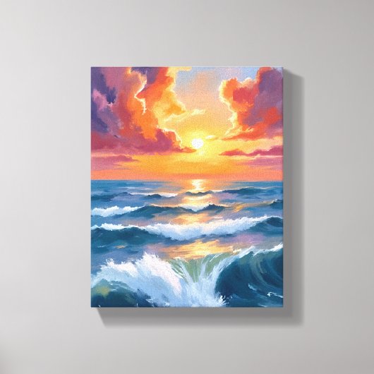 輝く海の夕日 海の水彩画 キャンバスプリント (正面)