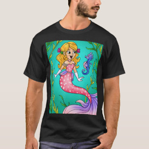 輝く瞳の笑顔のブロンドマーメイドとタツノオトシゴ Tシャツ