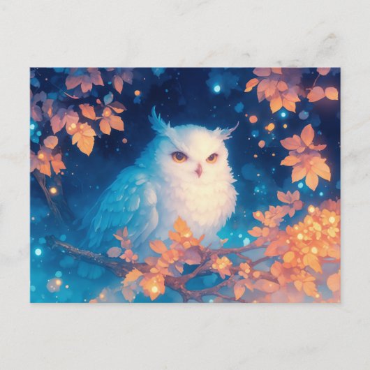 輝く秋の森に佇む壮麗な白いフクロウ ポストカード (正面)