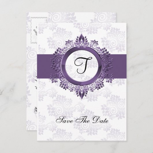 輝く紫のモノグラムの結婚式は日付を除く 案内ポストカード (正面/裏面)