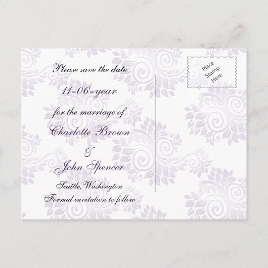 輝く紫のモノグラムの結婚式は日付を除く 案内ポストカード (裏面)