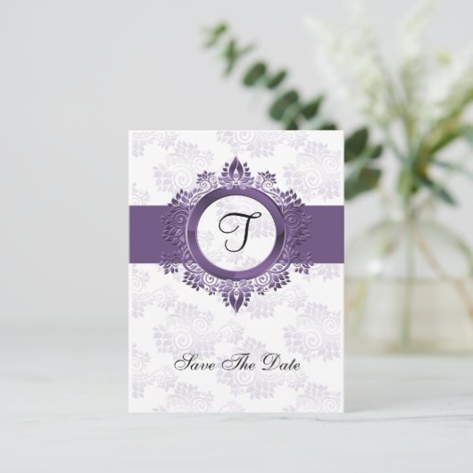 輝く紫のモノグラムの結婚式は日付を除く 案内ポストカード (スタンド正面)