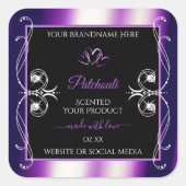 輝く紫色のフレーム黒い製品ラベル宝石 スクエアシール (正面)