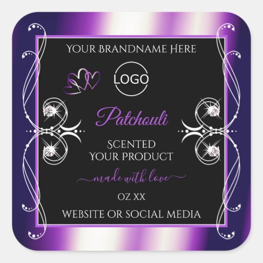 輝く紫色の黒い製品ラベル宝石ロゴ スクエアシール (正面)