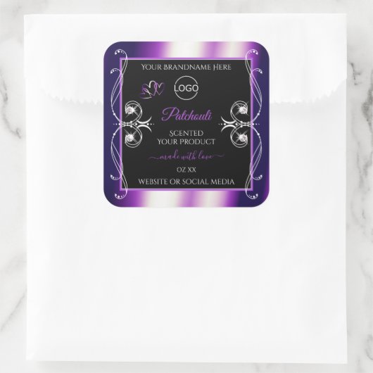 輝く紫色の黒い製品ラベル宝石ロゴ スクエアシール (バッグ)