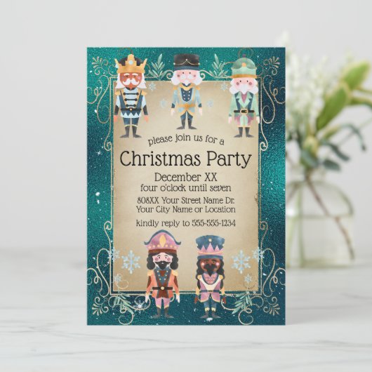 輝く緑にクリスマスのナツクラッカーおもちゃ兵士 招待状 (スタンド正面)