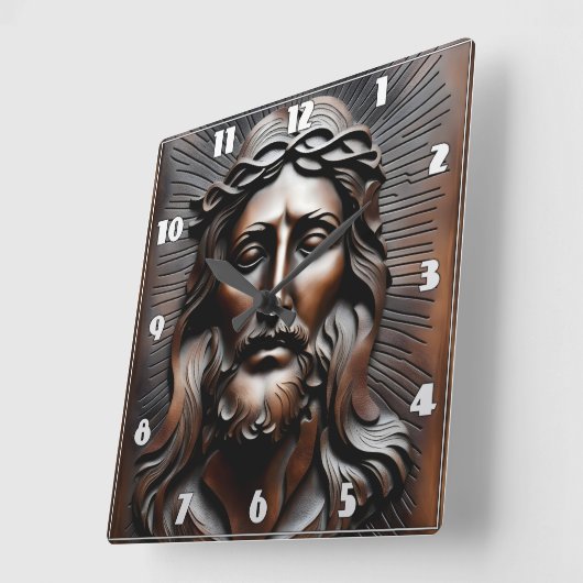 輝く背景を持つレリーフ、 浮き彫りを刻んだイエス・キリスト スクエア壁時計 (傾斜)