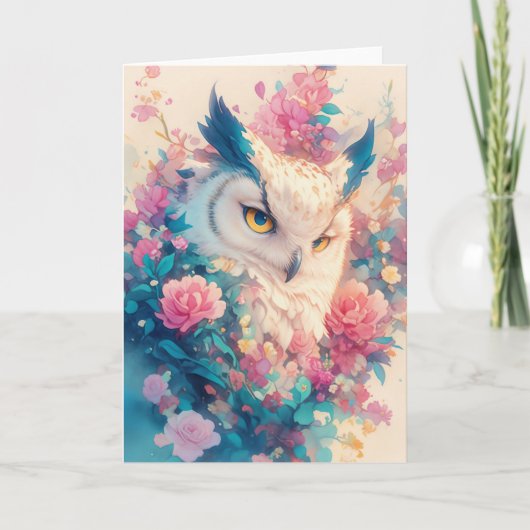 輝く花々に囲まれた優雅なフクロウ カード (正面)