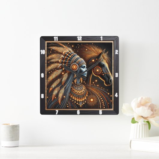 輝く芸術における女性と馬の神秘的な調和 スクエア壁時計 (ホーム)