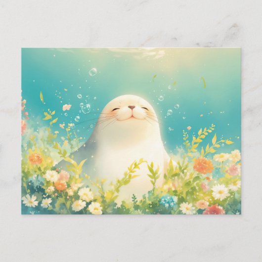 輝く草原の幸せな赤ちゃんアザラシ ポストカード (正面)