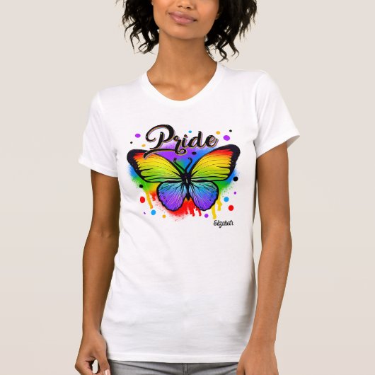 輝く虹の蝶 LGBTQプライドエンブレム Tシャツ (正面)