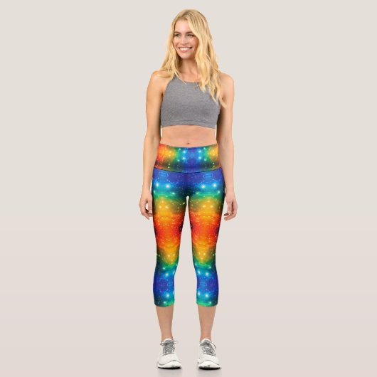 輝く虹色の宇宙銀河の星 LGBTQIA プライド カプリレギンス (正面)