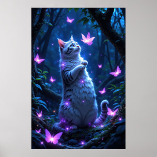 輝く蝶々が舞う魔法の森の愛らしい子猫 ポスター