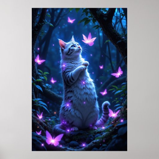 輝く蝶々が舞う魔法の森の愛らしい子猫 ポスター (正面)