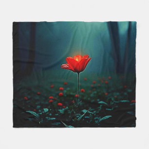 輝く赤い一輪の花の絵 フリースブランケット
