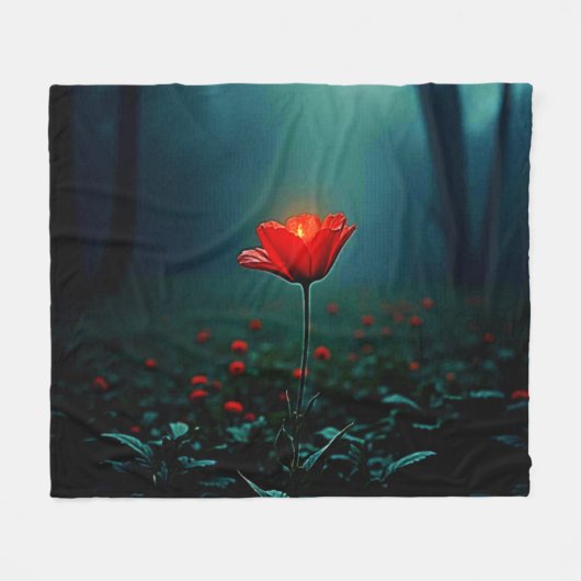 輝く赤い一輪の花の絵 フリースブランケット (正面(横))