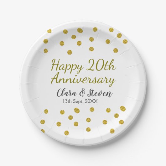 輝く金のドットで幸せな結婚20周年記念 ペーパープレート (正面)