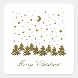 輝く金ゴールドクリスマスツリー、月、星 スクエアシール